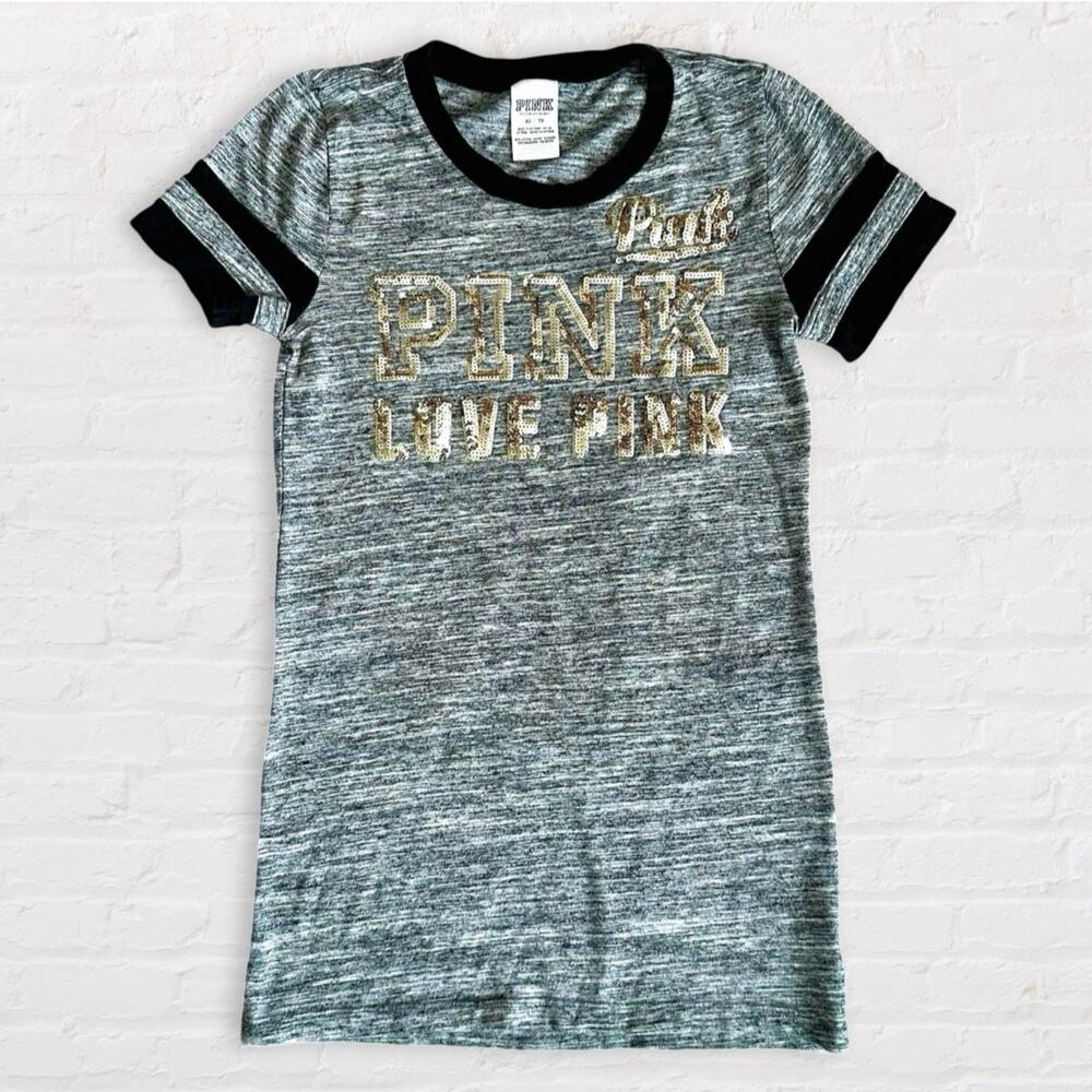 Victorias Secret Marled Grey Ringer Tee Womens Junior XS Gold Sequin Bling Top